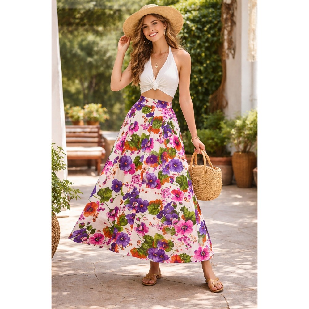 Vintage‎ 60s 70s Colorful Floral Watercolor Maxi Skirt Handmade 27" Waist